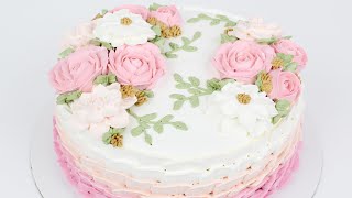 Floral Whipped Cream Cake Tutorial  How to make whipped cream flowers [upl. by Vadim988]