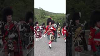 drummajor leads the massed pipebands march over river Dee to 2023 Ballater Games scotland shorts [upl. by Aihsena505]