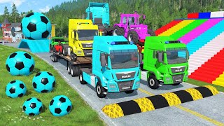 Double Flatbed Trailer Truck vs Speedbumps Train vs Cars  Tractor vs Train BeamngDrive 0166 [upl. by Behm302]