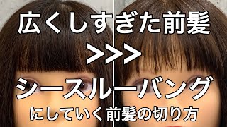 【前髪カット】広くしすぎた前髪を シースルーバングにした方多いはず！！広く切りすぎた前髪をシースルーバングにしていく方法 stayhome [upl. by Ayahs887]