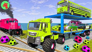 Double Flatbed Trailer Truck vs Speedbumps Train vs Cars  Tractor vs Train BeamngDrive [upl. by Rawde]