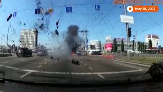 Ukraine Dashcam video captures missile falling in Kyiv traffic [upl. by Chane]