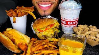 ASMR FIVE GUYS BURGERS CAJUN FRIES OREO MILKSHAKE CHEESE HOT DOG JALAPEÑO BURGER MUKBANG EATING SHOW [upl. by Allimac]