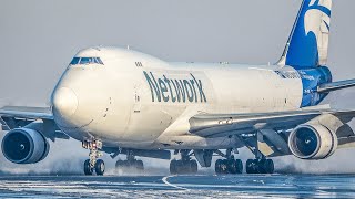 BOEING 747 DISAPPEARS IN ITS OWN SNOW CLOUD DURING DEPARTURE 4K [upl. by Aziar]