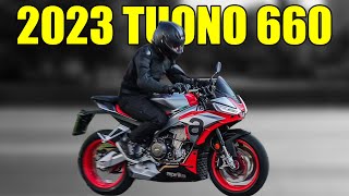 2023 APRILIA TUONO 660 BASE amp FACTORY MODEL REVIEW [upl. by Aserehtairam]