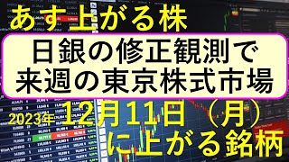 あす上がる株 2023年１２月１１日（月）に上がる銘柄 ～最新の日本株での株式投資のお話です。日銀の修正観測で来週の東京株式市場。ローム、ビューティガレージ、霞ヶ関キャピタル、ラクオリア創薬～ [upl. by Yecnay165]