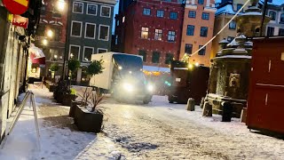 Stockholm Walks Old Town before dawn Snow Christmas preparations amp cobble stone alleys [upl. by Nodnil]