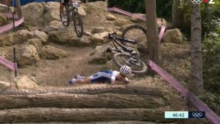 Loana Lecomte Crash Mountain Biking womens Cross Country Olympic games Loana Lecomte DNF [upl. by Airehs]