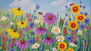 Wildflowers Acrylic Painting Tutorial LIVE Beginner Step by Step Flowers [upl. by Ilrebma827]