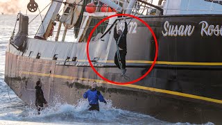 CAUGHT ON CAMERA Fishermen Jump 20Ft into Ocean off SINKING BOAT Manasquan Inlet New Jersey 111723 [upl. by Lorilee37]