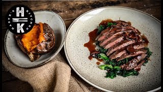 Bavette steak kale amp wild mushroom red wine jus Ad [upl. by Oab]