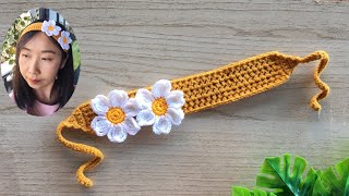 Daisy Crochet Headband tutorial Diy headband with Daisy crochet [upl. by Ahsiekal]