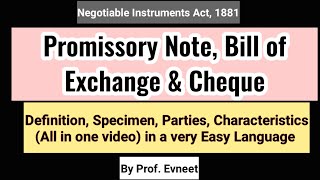 Promissory Note Bill of Exchange amp Cheque Negotiable Instruments Act 1881 CA Inter CA Executive [upl. by Trbor]