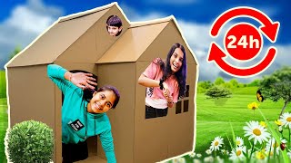 LIVING IN A CARDBOARD HOUSE 🏠 FOR 24 HOURS CHALLENGE  Ayu and Anu twin sister [upl. by Anaili80]