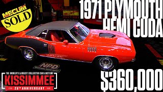 SOLD for 360000 1971 Plymouth Hemi Cuda  Mecum Kissimmee 2024 [upl. by Bergh179]