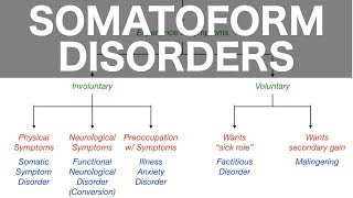 Somatoform Disorders Somatic Symptom Conversion Illness Anxiety Factitious Malingering [upl. by Cronin]