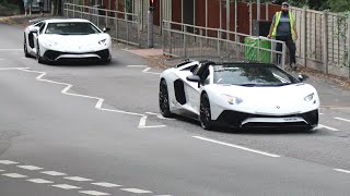 Supercars in Alderley Edge 2024 Aventador SV x2 Ford GT 296 GTB Huracan x2 DB12 Volante… [upl. by Adnamra]