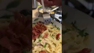 Special tagliatelle carbonara cremosa with ￼￼crispy Parma ham [upl. by Blancha]