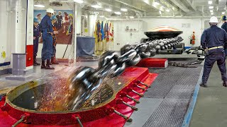 US Navy Dropping Massive Anchor Chain to Stop a Moving Aircraft Carrier [upl. by Nauqe37]