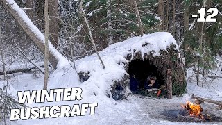 Survival in a cold wild forest Constructing shelter to protect yourself from snow and wind  ASMR [upl. by Acim]