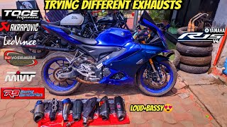 Trying different exhausts on Yamaha r15 v4 akrapovicr9yoshimuratoceleo vincemivv etc [upl. by Palm263]