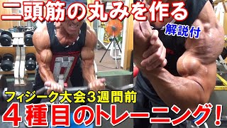 【筋トレ】上腕二頭筋の丸みを作る4種目のトレーニング！フィジーク大会3週間前の腕トレ【解説付】 [upl. by Notrem]