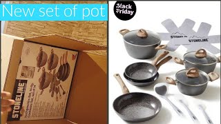 UNBOXING STONELINE Pot Set Cookware Set 14 Pieces with Wood Effect Handle and Glass Lids Aluminum [upl. by Ahsaetal]