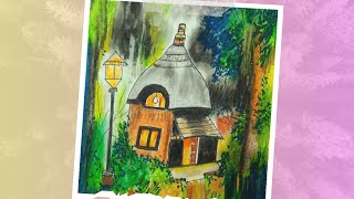 Night Scenery with Forest House  Easy Oil Pastel Drawing for Beginners [upl. by Assil]