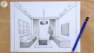 How to drawing in 1point perspective  Interior Design كيف أرسم بالمنظور تصميم داخلي حجرة الجلوس [upl. by Pentheam376]