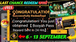 FREE FIRE REDEEM CODE TODAY 7 SEPTEMBER REDEEM CODE FREE FIRE  FF REDEEM CODE TODAY 7 SEPTEMBER [upl. by Yevrah415]