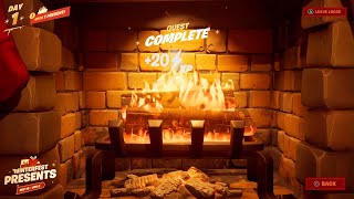 Warm Yourself at the Yule Log in Cozy Lodge  Fortnite Winterfest Quest [upl. by Sanoj]