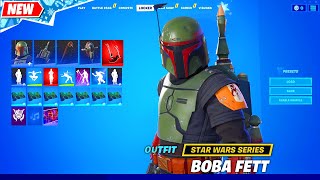 Fortnite BOBA FETT amp his EMOTE Trailer and Full Set showcase Back Bling Pickaxe Glider シ [upl. by Siuol]