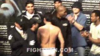 Manny Pacquiao vs Oscar De La Hoya Weigh In [upl. by Ahsiekit515]