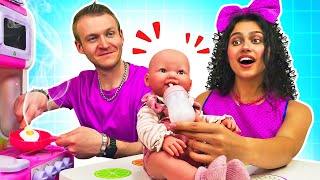 Feeding baby doll amp pretend play cooking toy food for dolls Familyfun video for kids [upl. by Dibri]