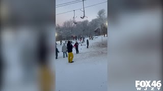 Beech Mtn skiers on lift sprayed by shattered snowmaking pipe [upl. by Andri]