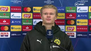 quotYou sleeping lonely tonightquot Seriously awkward Erling Haaland interview after Brugge 03 Dortmund [upl. by Adnilram923]