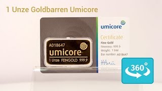 1 Unze Umicore Goldbarren in 360° Ansicht [upl. by Rufford513]