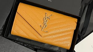 YSL LARGE FLAP WALLET IN GRAIN DE POUDRE EMBOSSED LEATHER in Yellow Mustard color [upl. by Anitsahs]