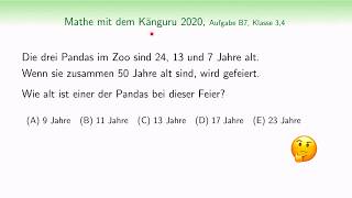 B7  Känguru Wettbewerb 2020  Lösung  Klasse 3  4  Aufgabe B7  Alter drei Pandas [upl. by Keegan]