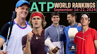 ATP Rankings This Week September 1622 World Top 10 Tennis Players Sinner Zverev Alcarz Top3 [upl. by Alul673]