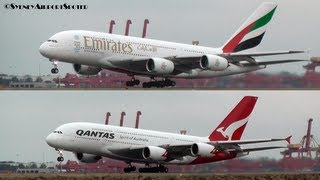 Qantas Airways and Emirates Airline Dual A380 take offs at SYDNEY AIRPORT [upl. by Eilrahc]