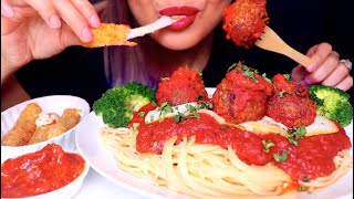 ASMR Cheesy Spaghetti amp Meatballs Crunchy Cheesesticks  Noodle Eating No Talking [upl. by Arotal470]