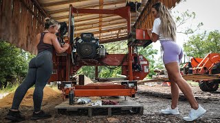 Two Beautiful Blondes Cutting Dimensional Lumber On The Sawmill [upl. by Nalloh]