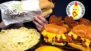 ASMR MUKBANG DAVES HOT CHICKEN BURGERS amp FRIES amp CREAMY ALFREDO PASTA  BREADSTICKS  WITH CHEESE [upl. by Kare]