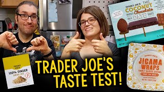 Trader Joes Taste Test Jicama Wraps Coconut Chocolate Date Bars Ginger Drink Mix  Bonus Items [upl. by Eilyac]