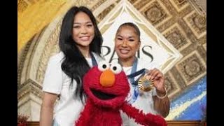 Suni Lee Jordan Chiles Meet Elmo [upl. by Akimat]