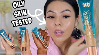 NEW URBAN DECAY HYDRO MANIAC TINTED GLOW HYDRATOR OILY SKIN WEAR TEST  REVIEW [upl. by Erdnaxela]