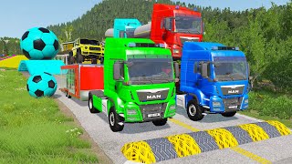 Double Flatbed Trailer Truck vs Speedbumps Train vs Cars  Tractor vs Train BeamngDrive 058 [upl. by Filberto]