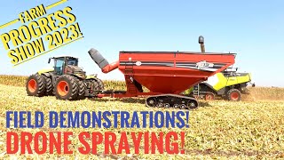 Farm Progress Show 2023 Field Demonstrations Combines Grain Carts Drone Spraying [upl. by Serdna909]