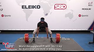 World OPEN Record Deadlift with 3625 kg by Junior lifter Asein Enahoro HUN in 83kg class [upl. by Abas]